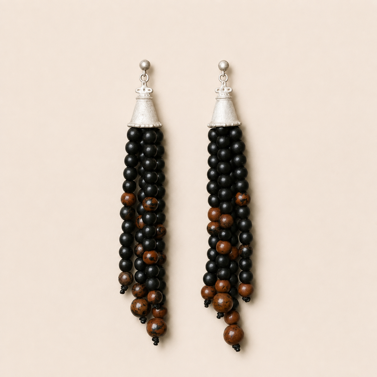 Jingsi Bell Sterling Silver, Ebony & Golden Swan Stone Tassel Drop Earrings