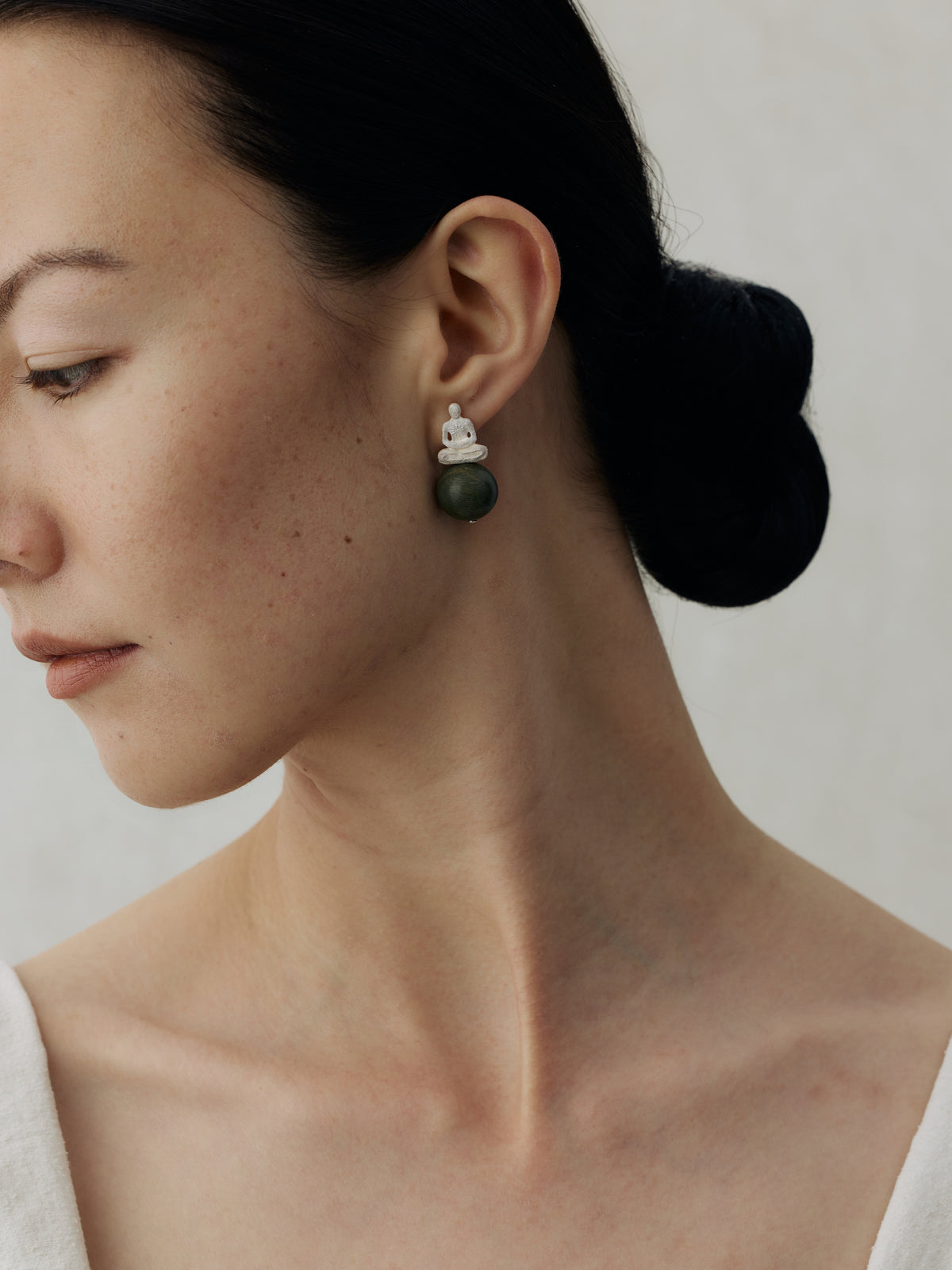 Seated Figure Sterling Silver & Green Sandalwood Stud Earrings