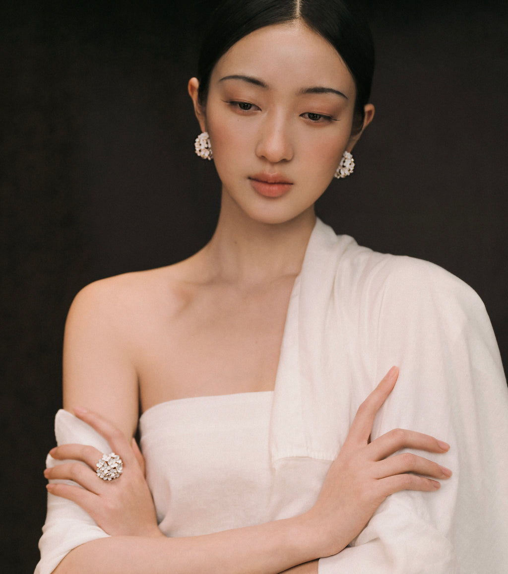 Nanyang Porcelain White Dome Floral Stud Earrings