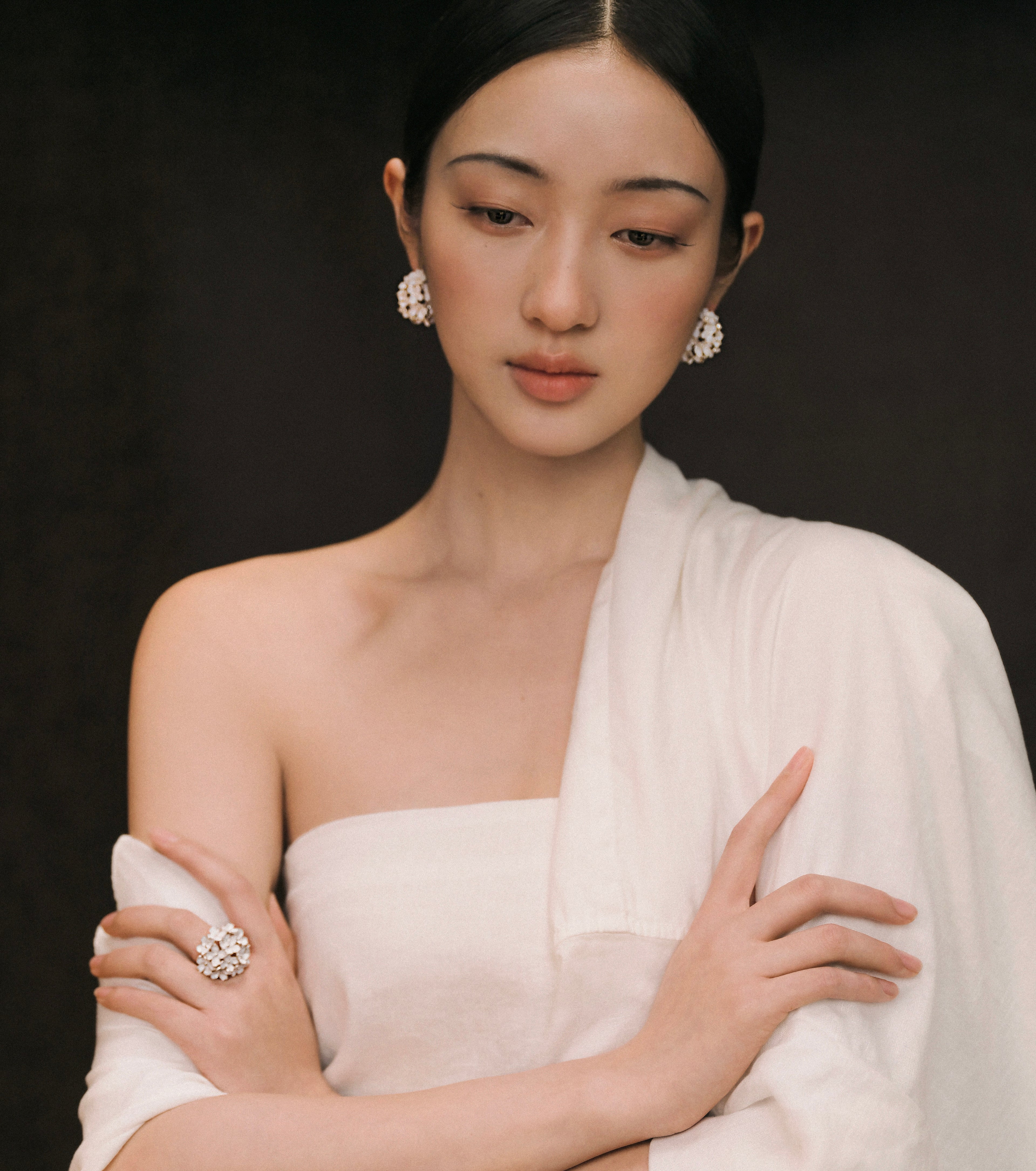Nanyang Porcelain White Dome Floral Stud Earrings