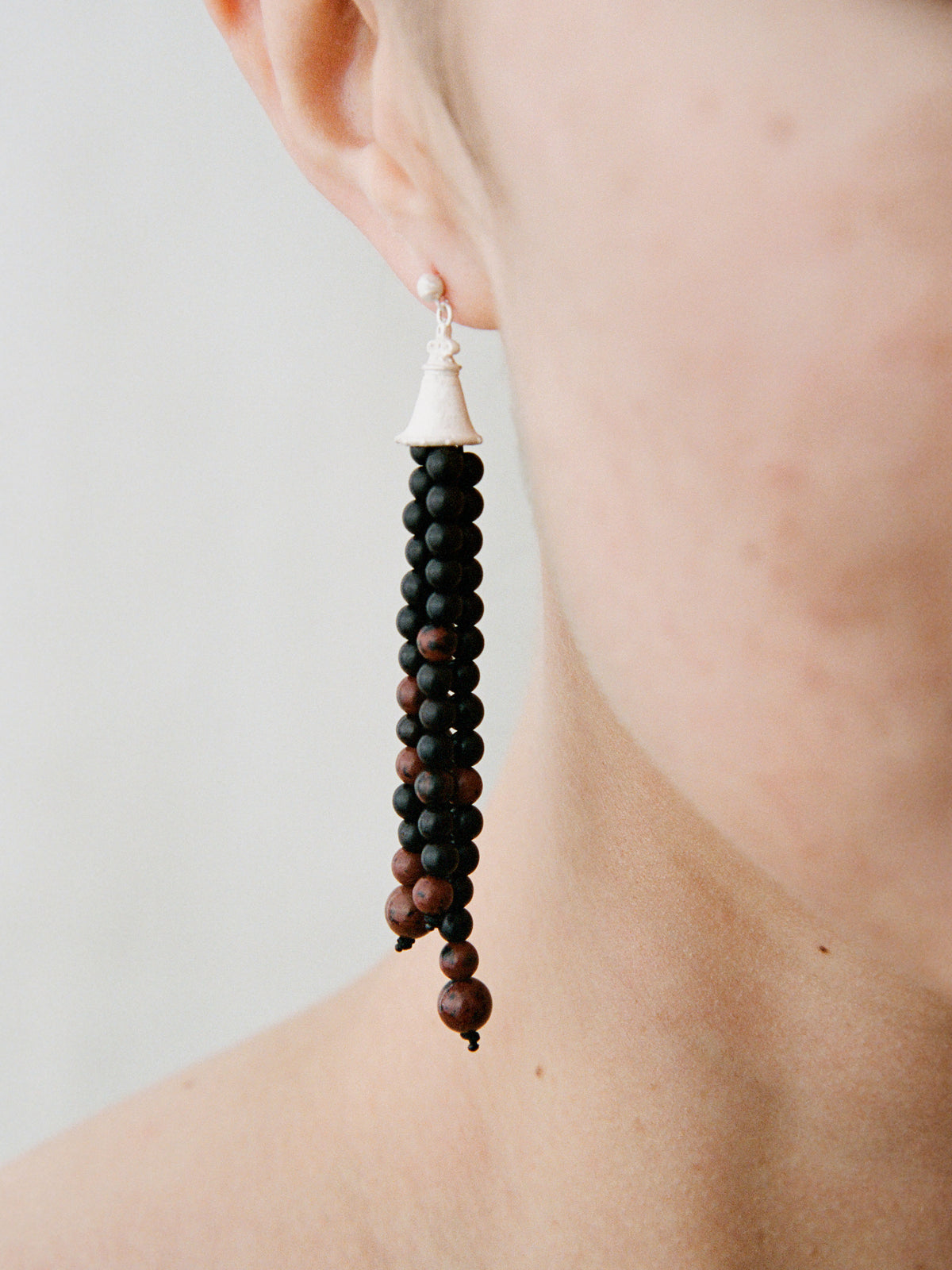 Jingsi Bell Sterling Silver, Ebony & Golden Swan Stone Tassel Drop Earrings