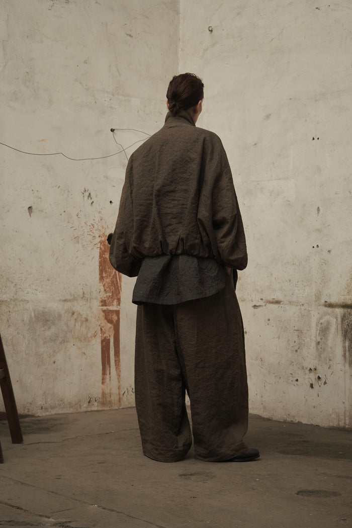 Pleated Zip Cropped Jacket (Washed Brown)