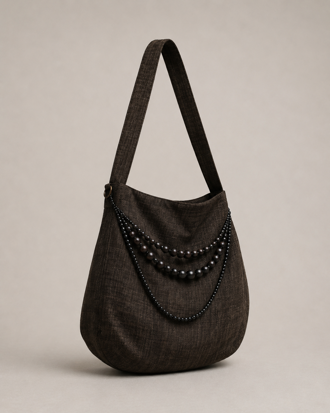 Pebble Handcrafted Ebony Beaded Crossbody Bag – Mixed Textured Canvas