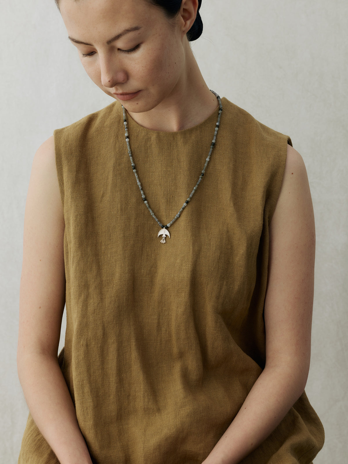 Oracle Bird Sterling Silver Crystal & Green Sandalwood Beaded Pendant Necklace