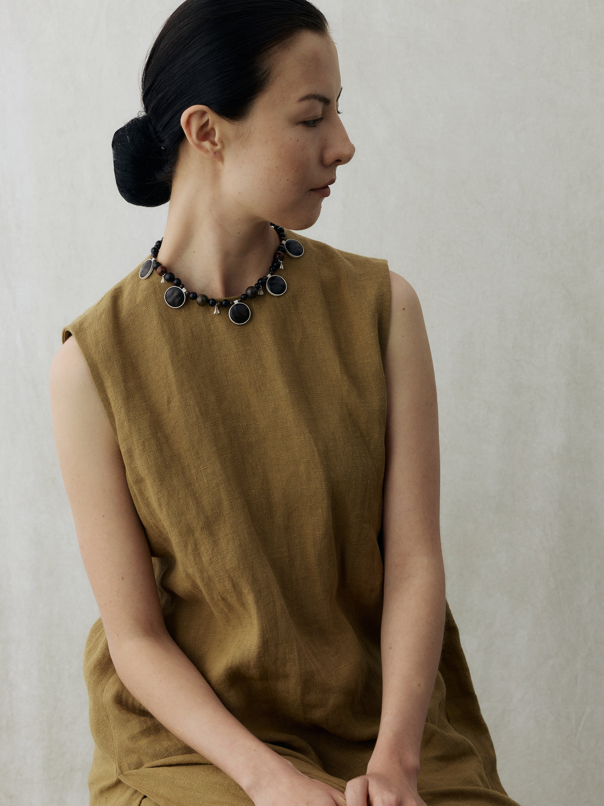 Little Fulfillment Ebony, Sterling Silver, Bronze Stone & Golden Swan Stone Beaded Choker