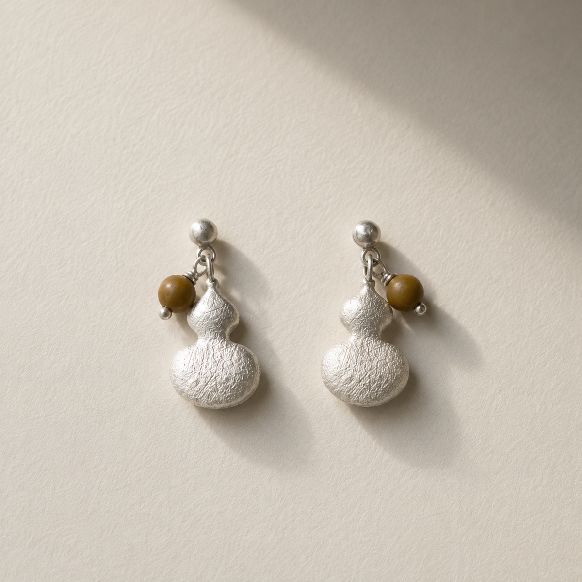 Zizai Gourd Sterling Silver Yellow Wood Grain Stone Drop Earrings
