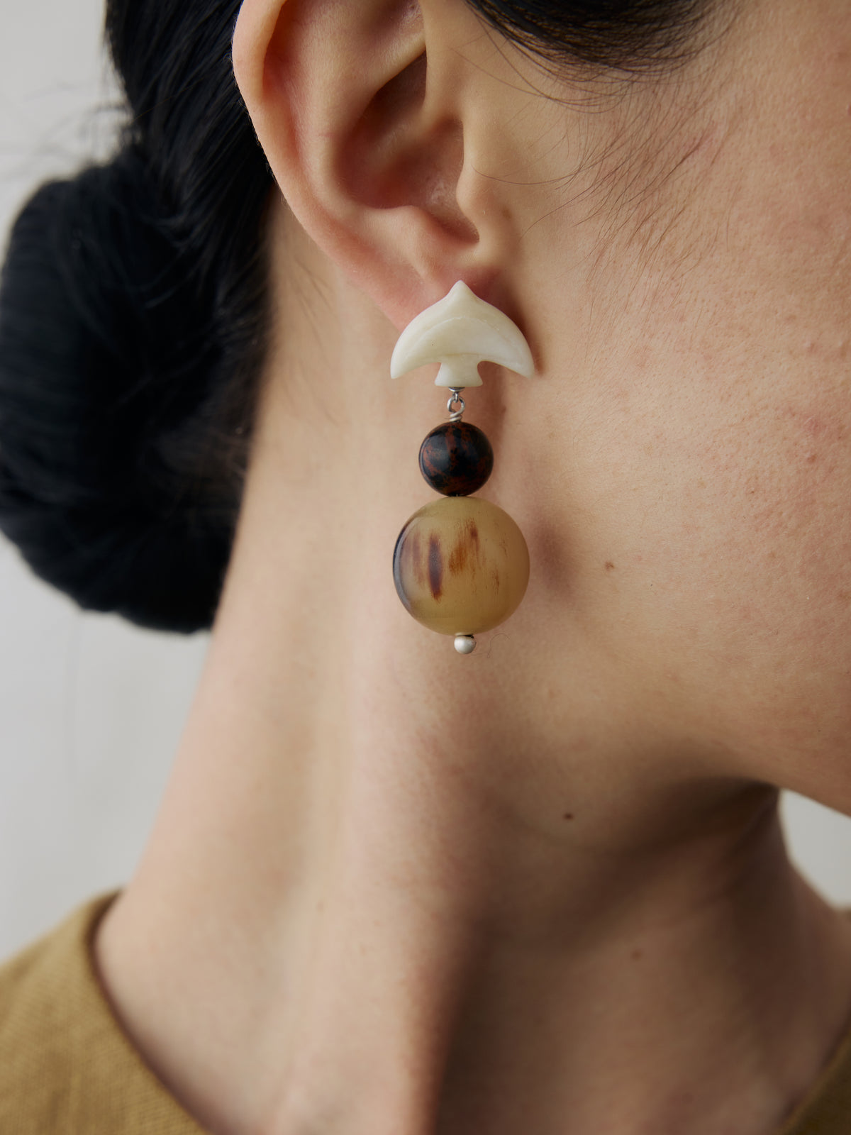 Ruyi Bird Sterling Silver, Bone, Golden Swan Stone & Horn Drop Earrings