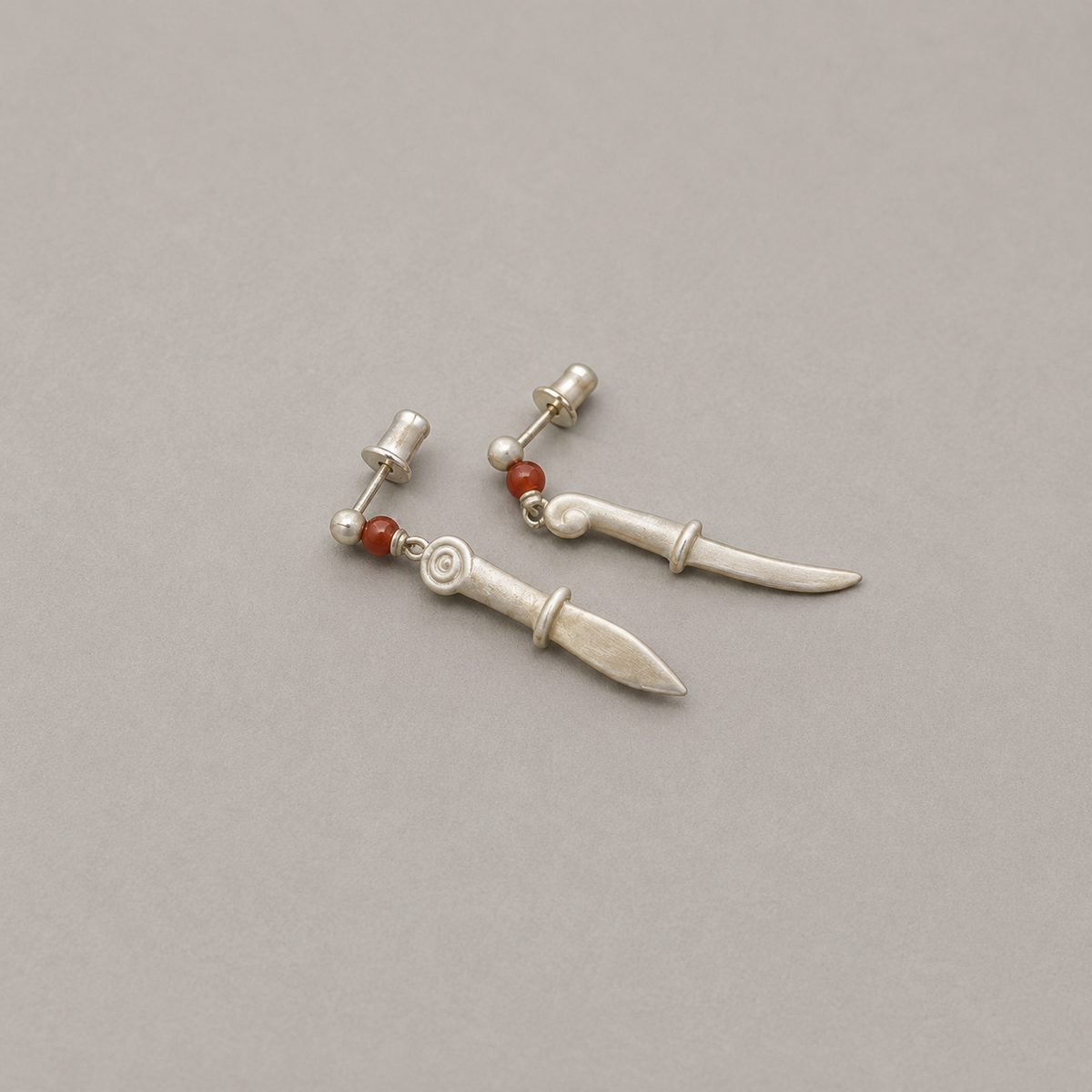Hooked Moon Asymmetrical Sterling Silver Red Stone Drop Earrings