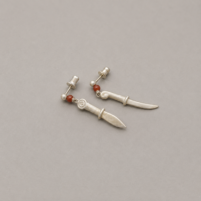 Hooked Moon Asymmetrical Sterling Silver Red Stone Drop Earrings