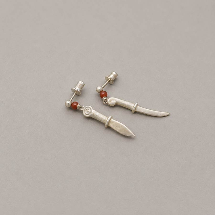 Hooked Moon Asymmetrical Sterling Silver Red Stone Drop Earrings
