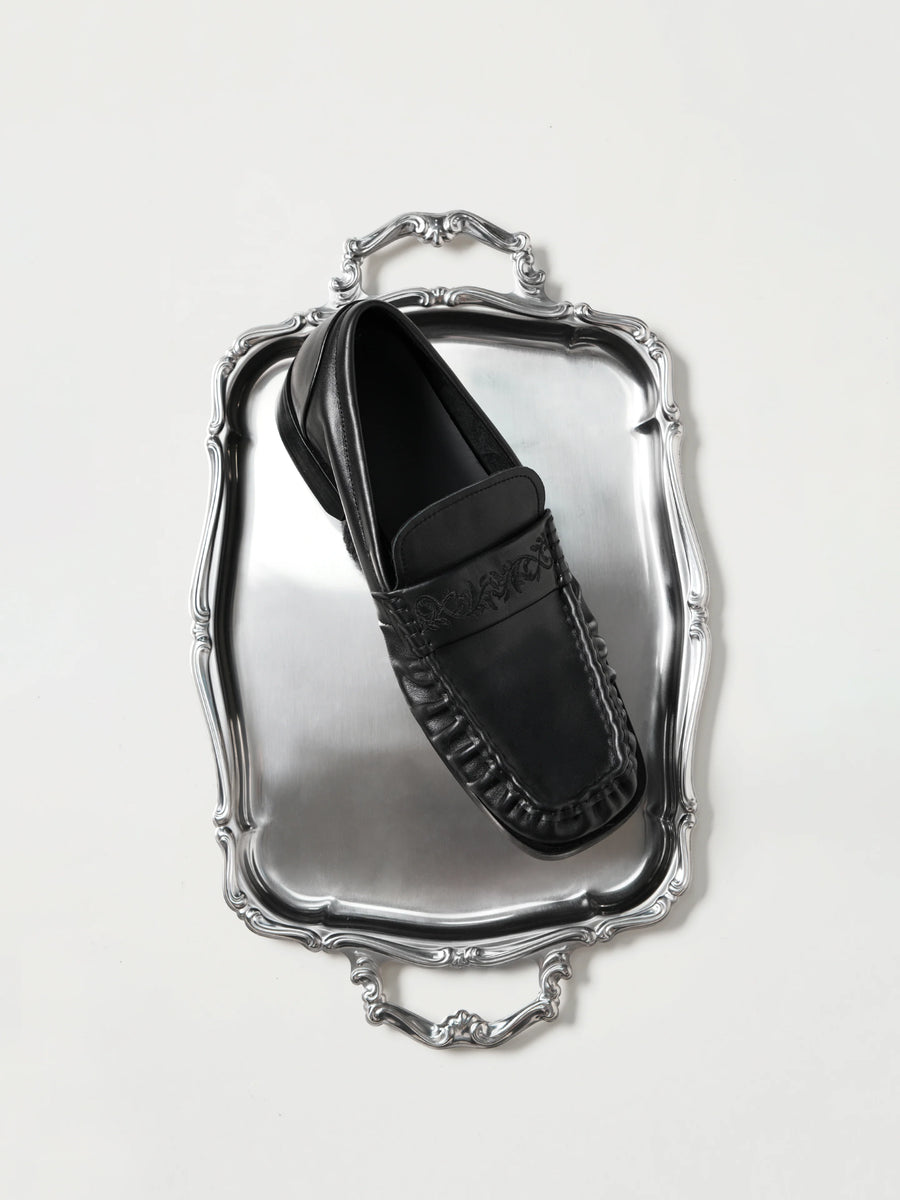 Square-Toe Vine-Engraved Loafers