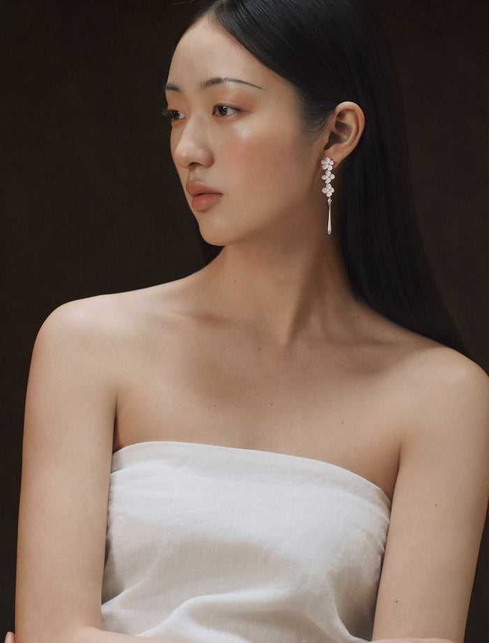 Nanyang Porcelain White Floral Drop Bead Stud Earrings
