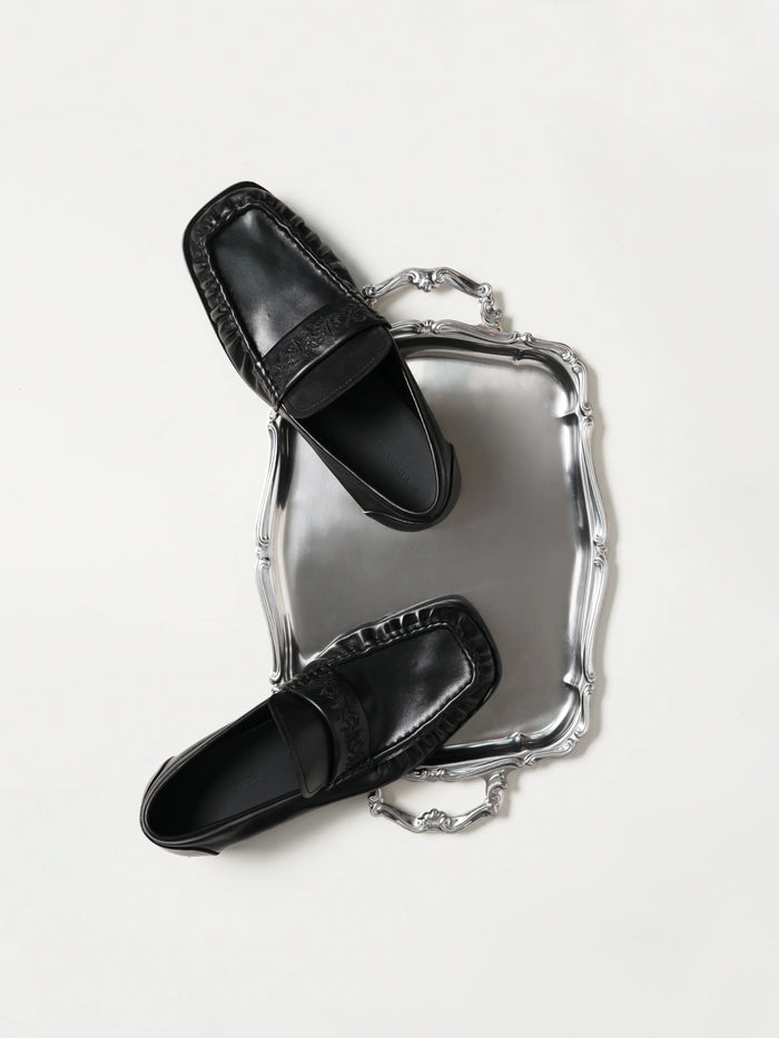 Square-Toe Vine-Engraved Loafers