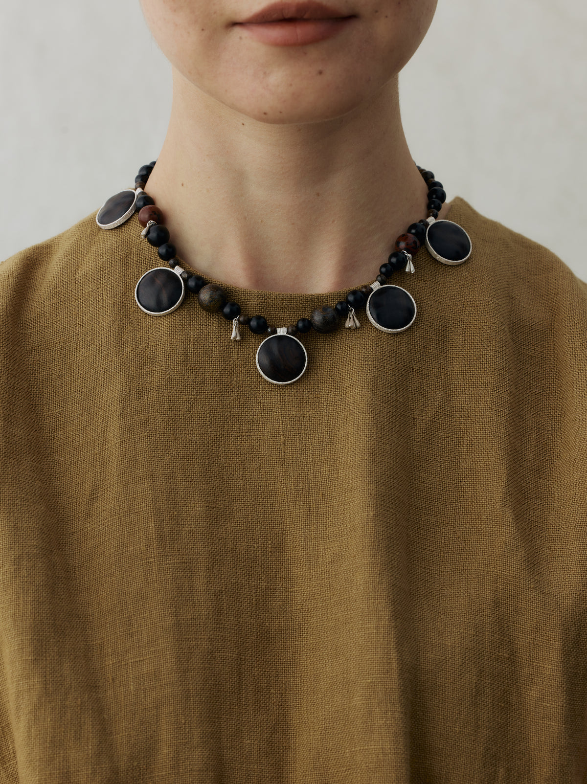 Little Fulfillment Ebony, Sterling Silver, Bronze Stone & Golden Swan Stone Beaded Choker