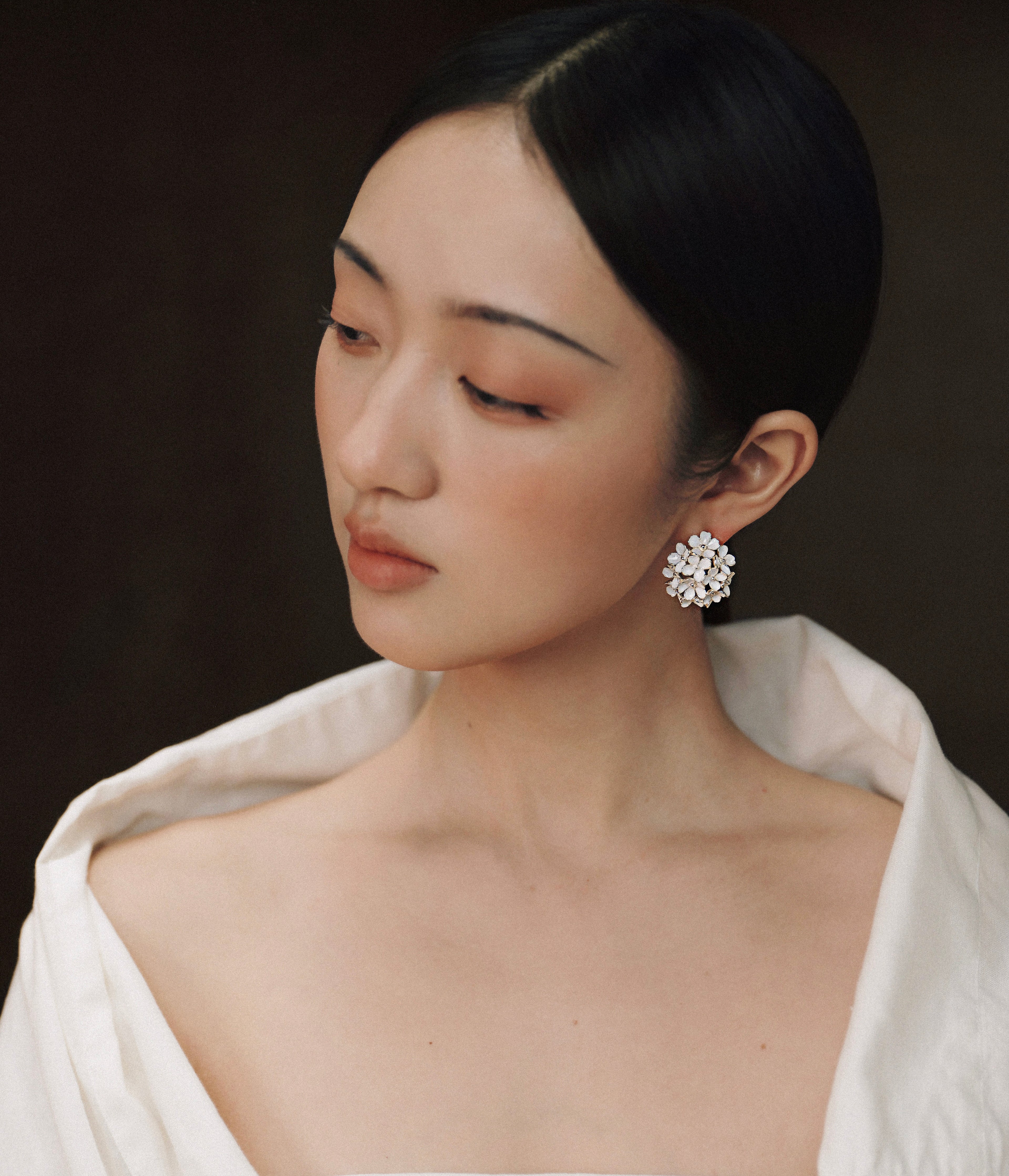 Nanyang Porcelain White Dome Floral Stud Earrings