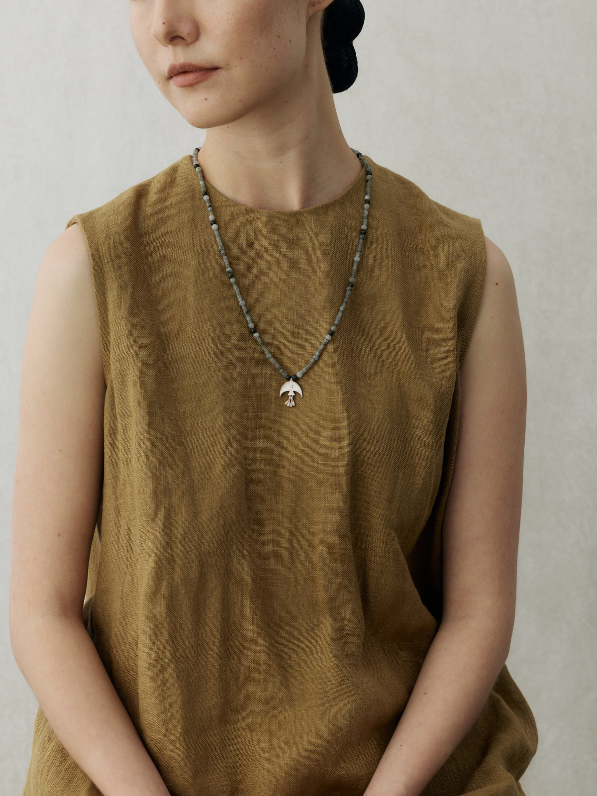 Oracle Bird Sterling Silver Crystal & Green Sandalwood Beaded Pendant Necklace