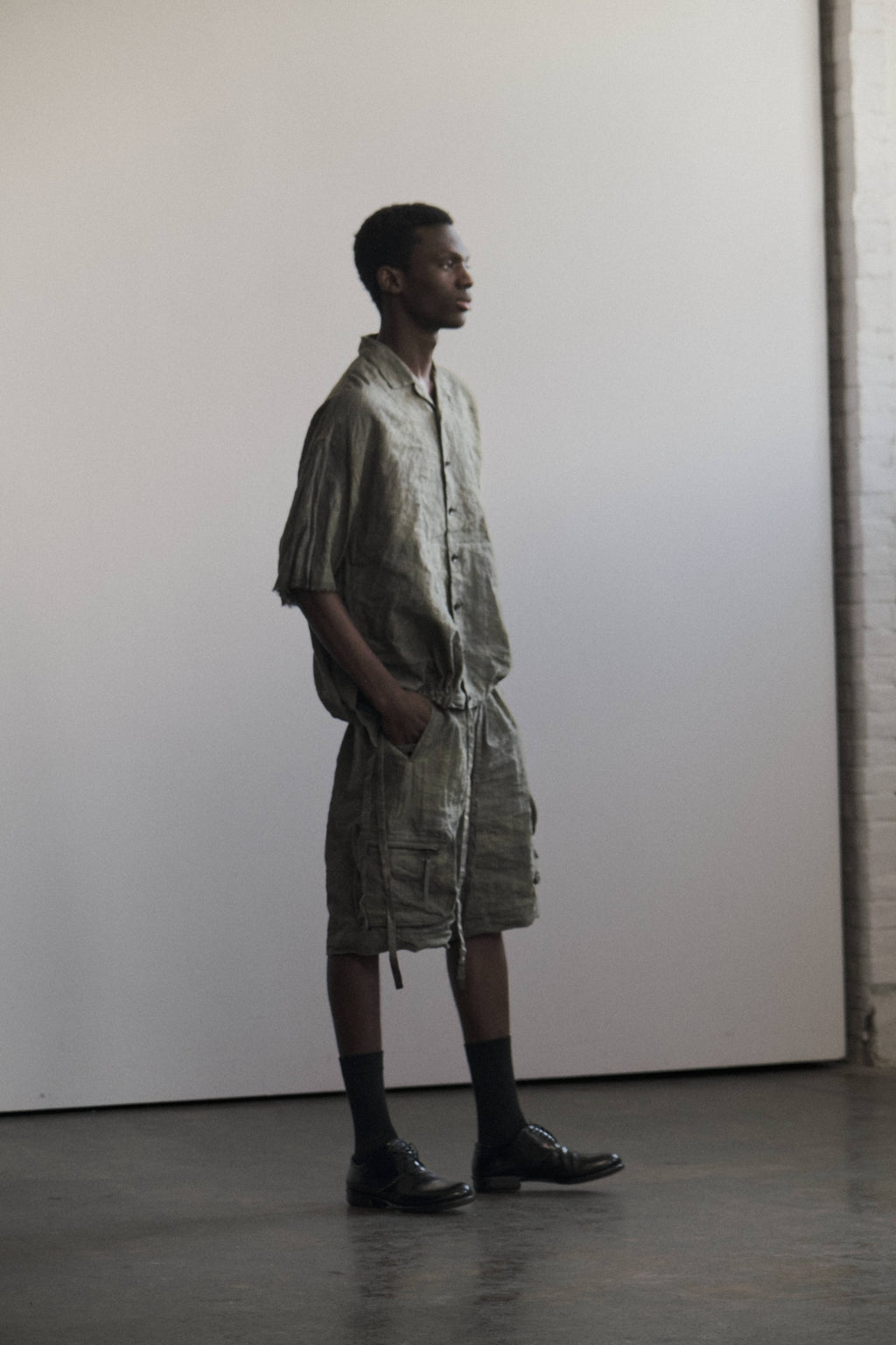 Cuba-collar drawstring short-sleeve shirt
