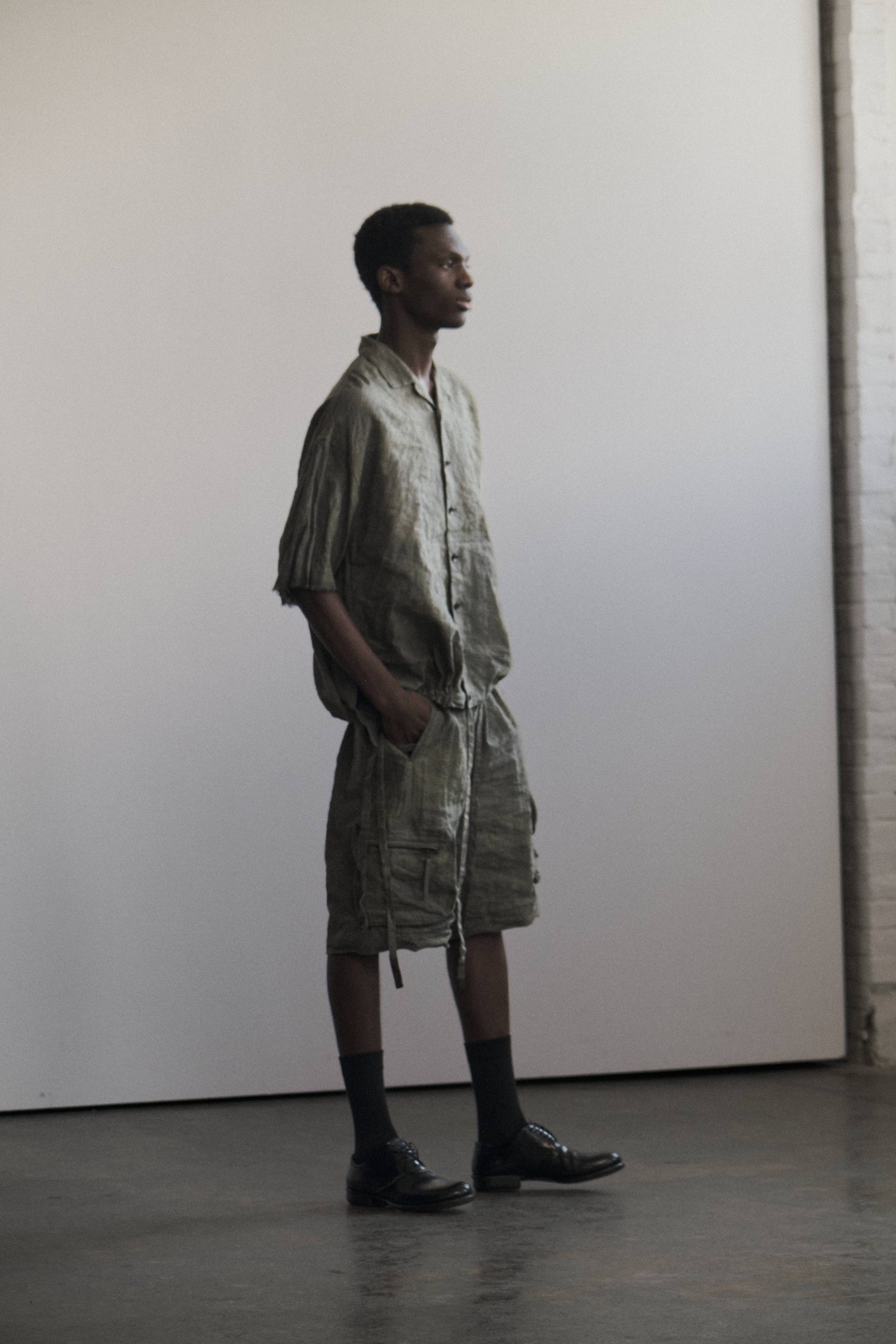 Cuba-collar drawstring short-sleeve shirt