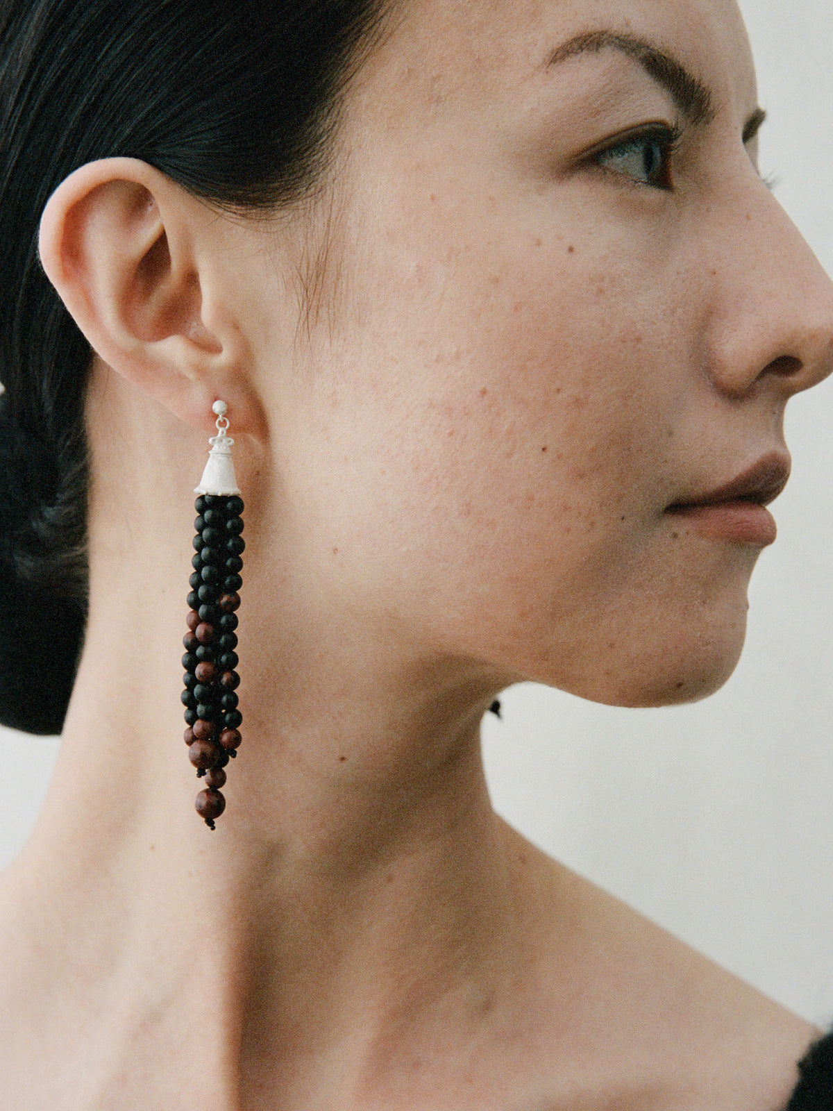 Jingsi Bell Sterling Silver, Ebony & Golden Swan Stone Tassel Drop Earrings