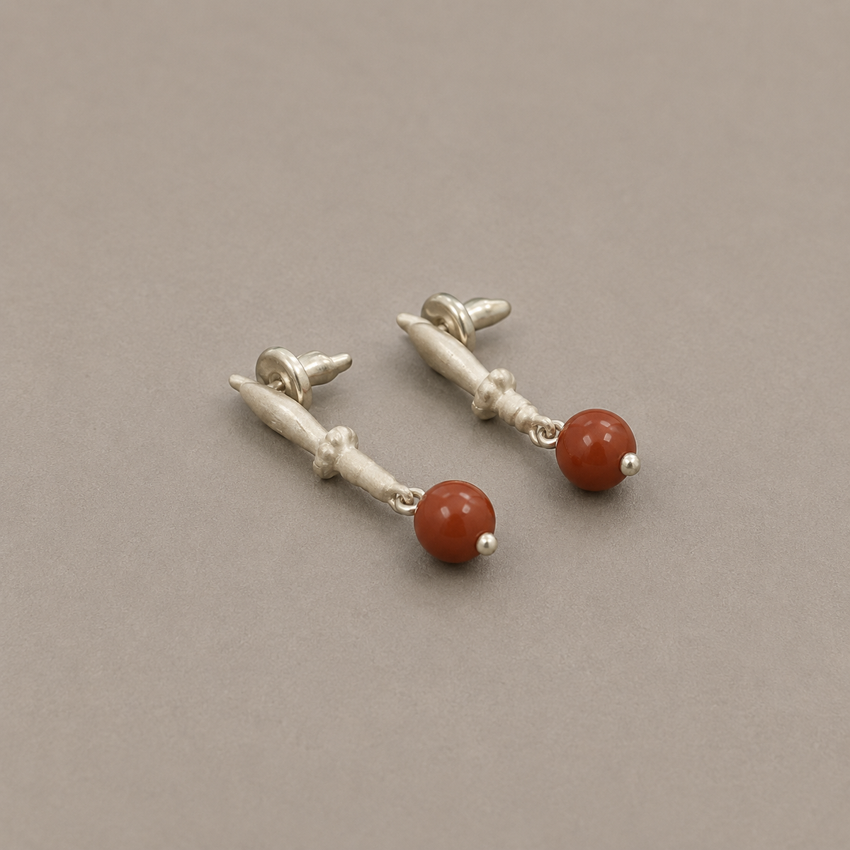 Leaf Tip Sterling Silver Red Stone Pendant Earrings