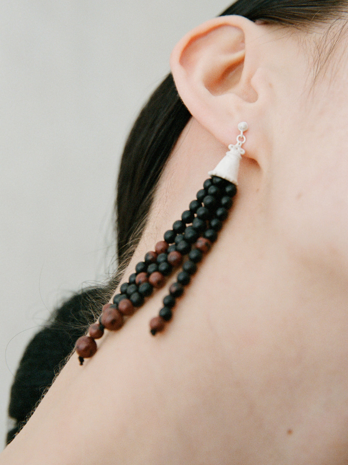 Jingsi Bell Sterling Silver, Ebony & Golden Swan Stone Tassel Drop Earrings