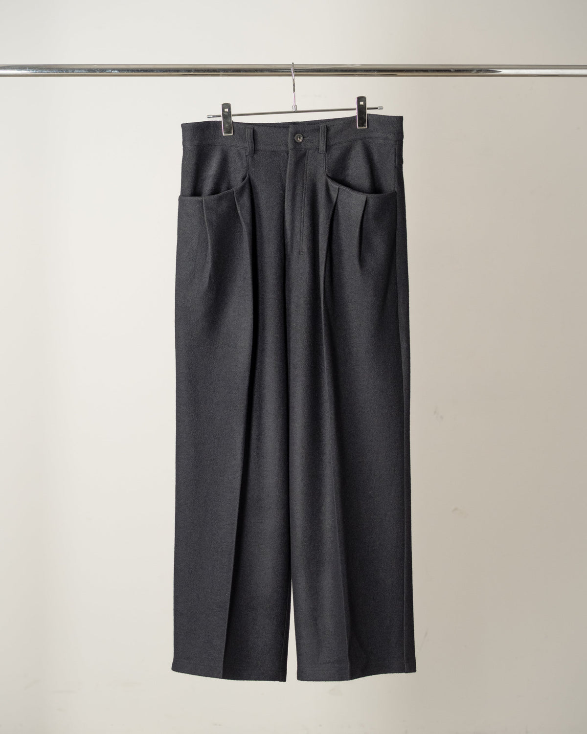 ANCELLM Wool Cut Wide Tuck Slacks, Black, front