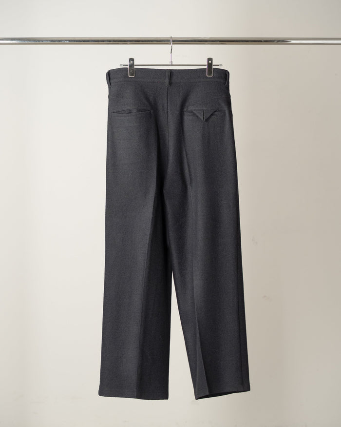 ANCELLM Wool Cut Wide Tuck Slacks, Black, back