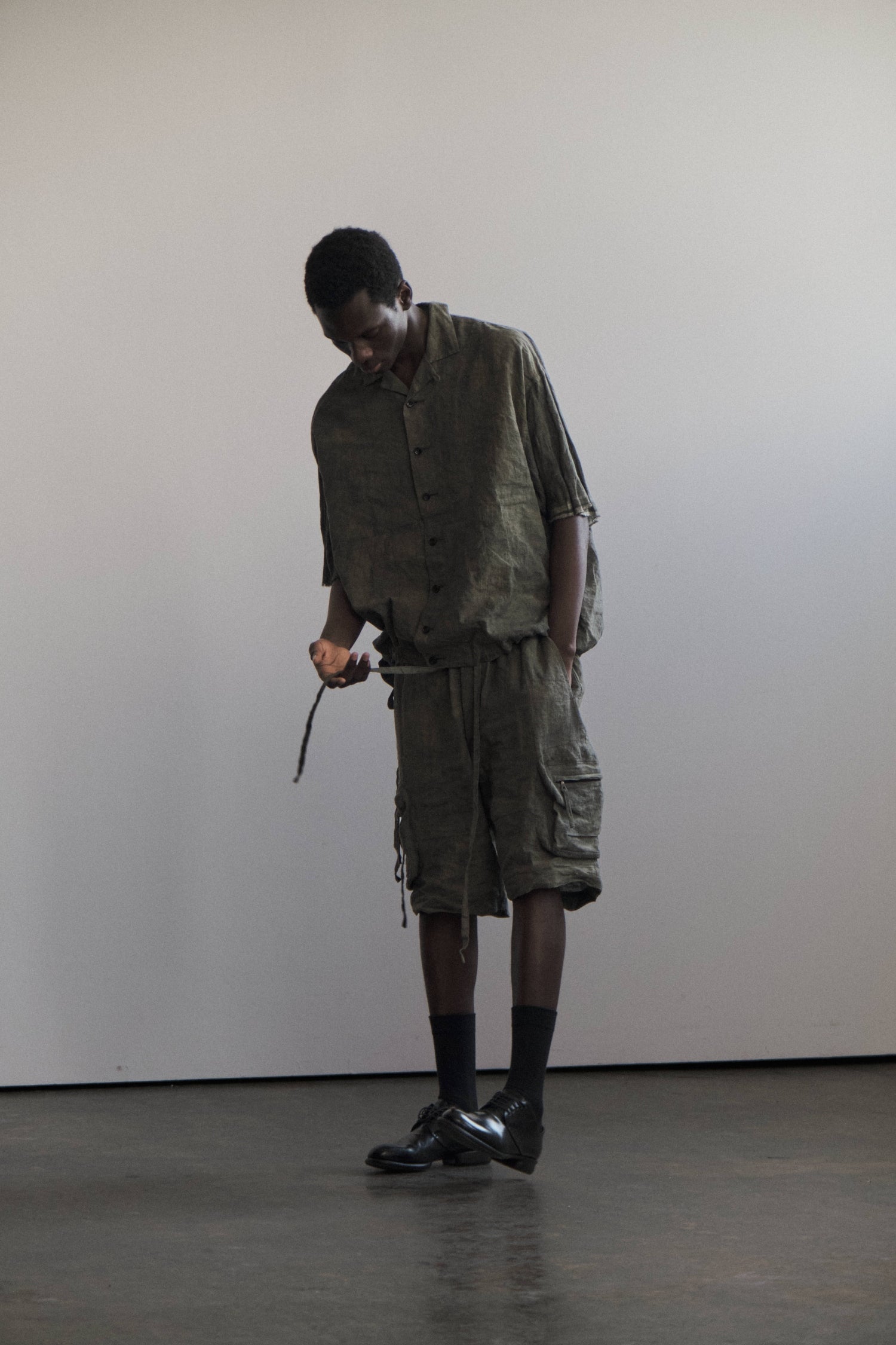 Cuba-collar drawstring short-sleeve shirt