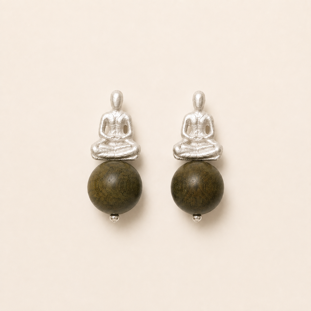 Seated Figure Sterling Silver & Green Sandalwood Stud Earrings
