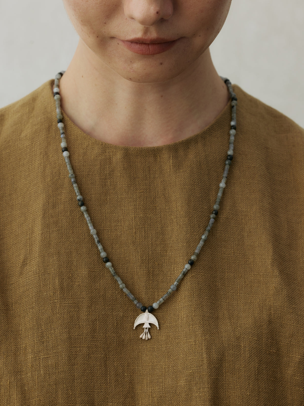 Oracle Bird Sterling Silver Crystal & Green Sandalwood Beaded Pendant Necklace
