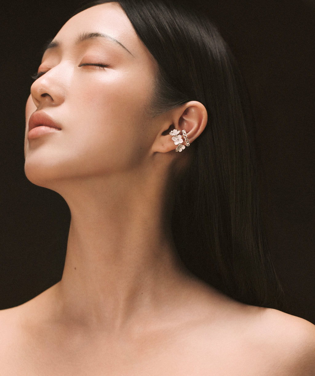 Nanyang Porcelain White Framed Floral Ear Cuffs
