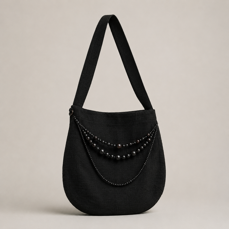 Pebble Handcrafted Ebony Beaded Crossbody Bag – Black Textured Canvas