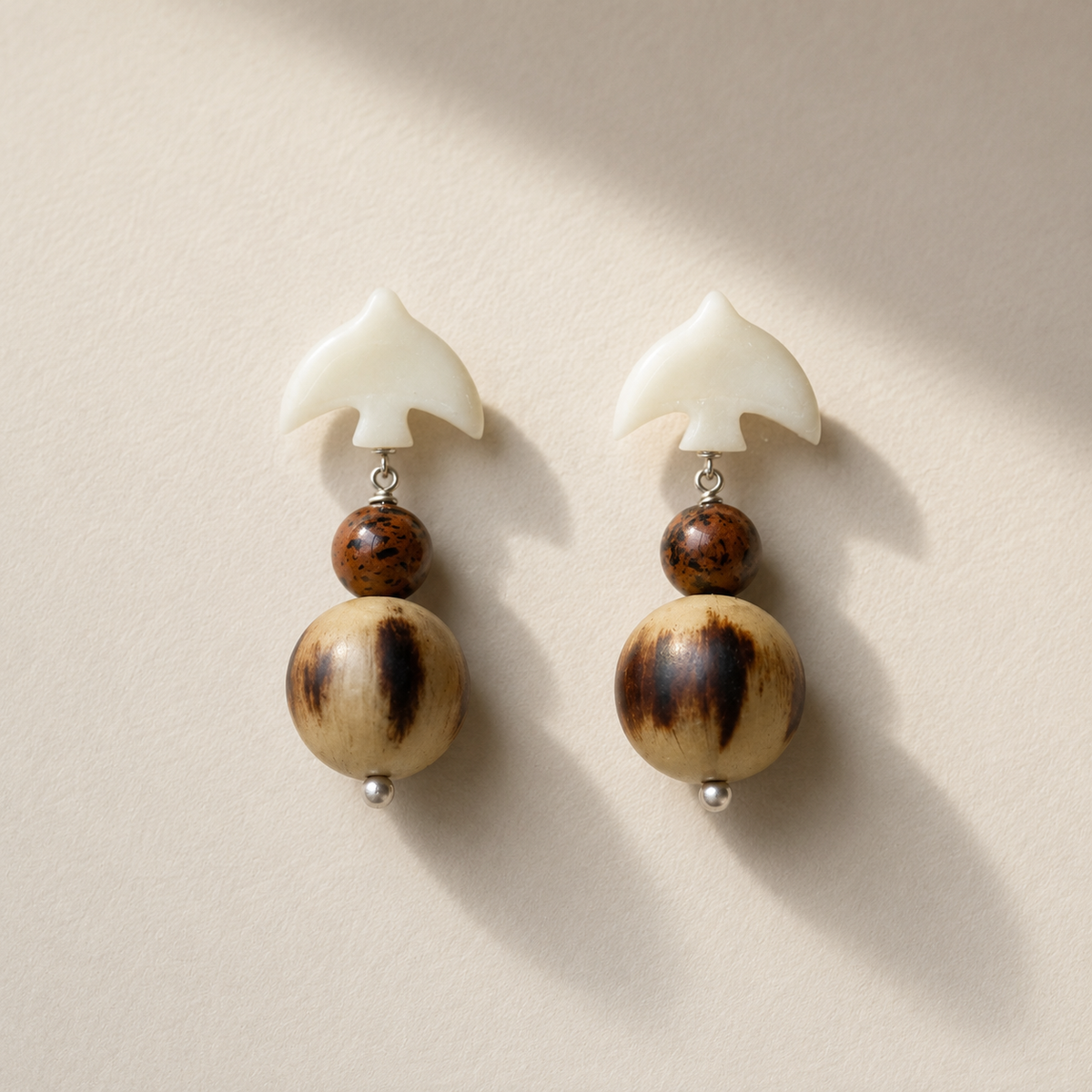 Ruyi Bird Sterling Silver, Bone, Golden Swan Stone & Horn Drop Earrings