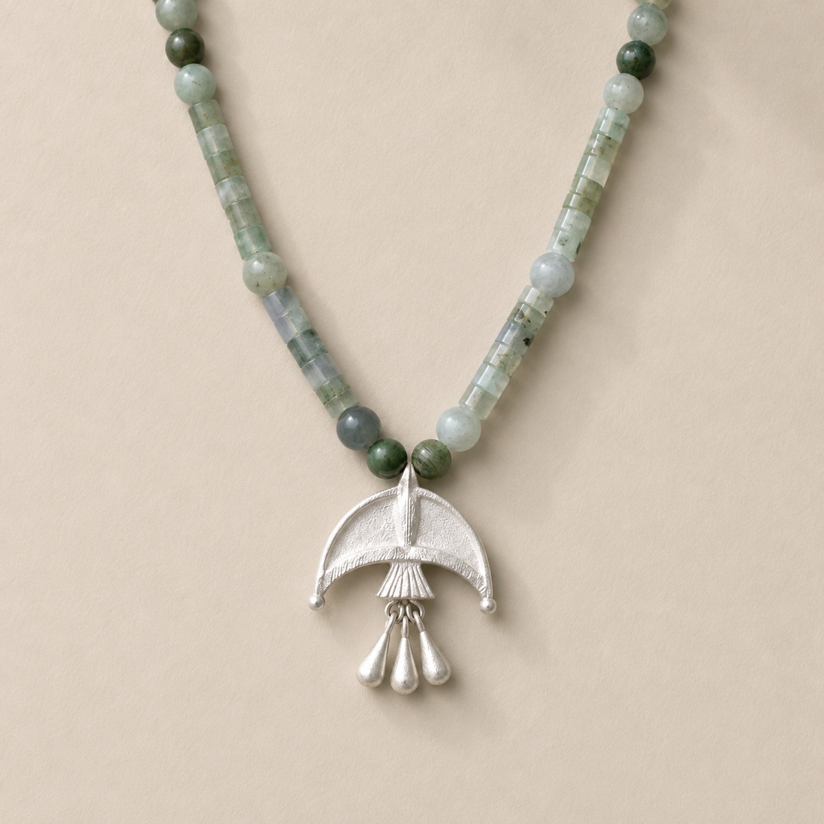 Oracle Bird Sterling Silver Crystal & Green Sandalwood Beaded Pendant Necklace