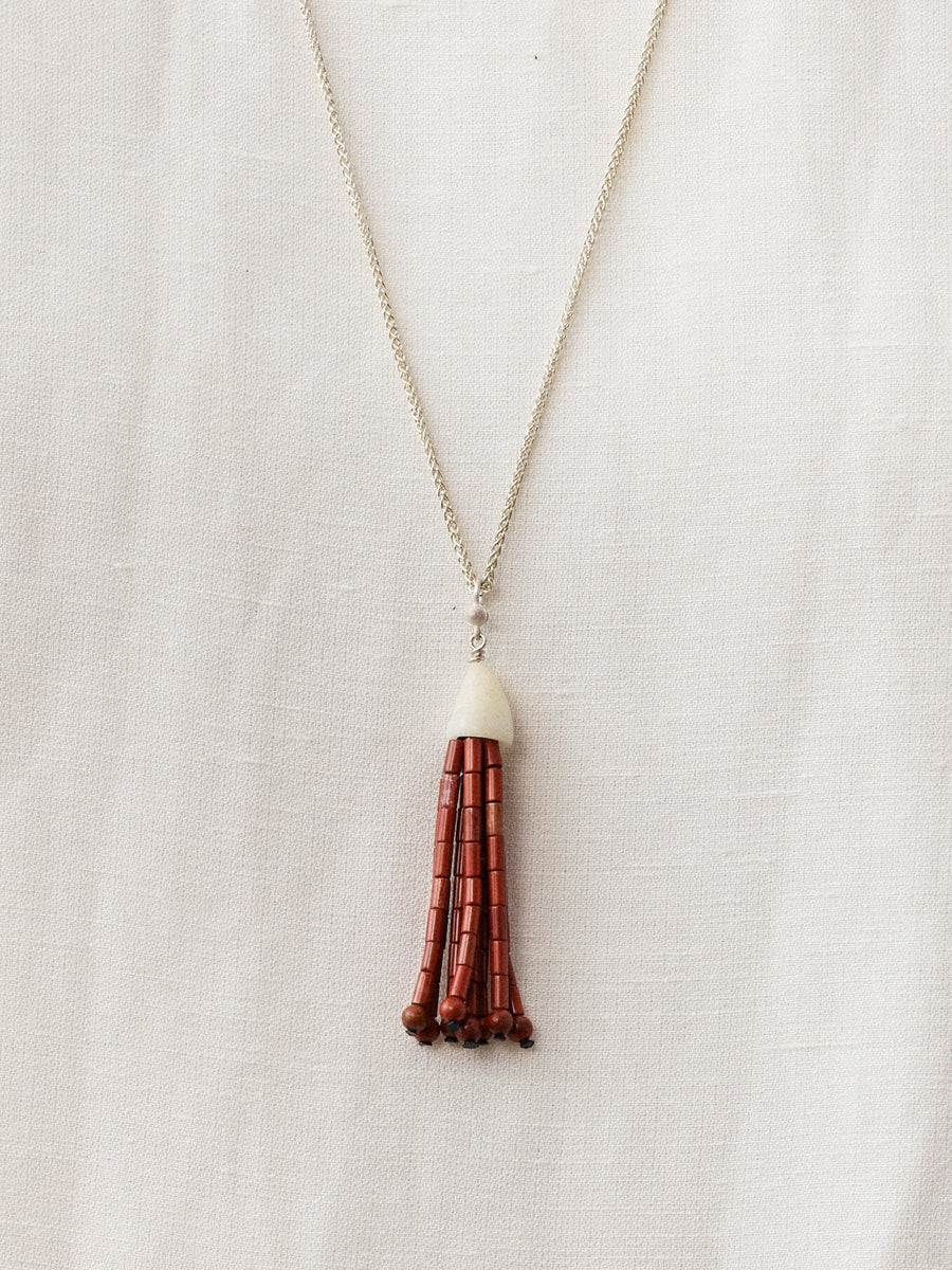 Horn Tassel Sterling Silver Red Stone Tassel Pendant Necklace