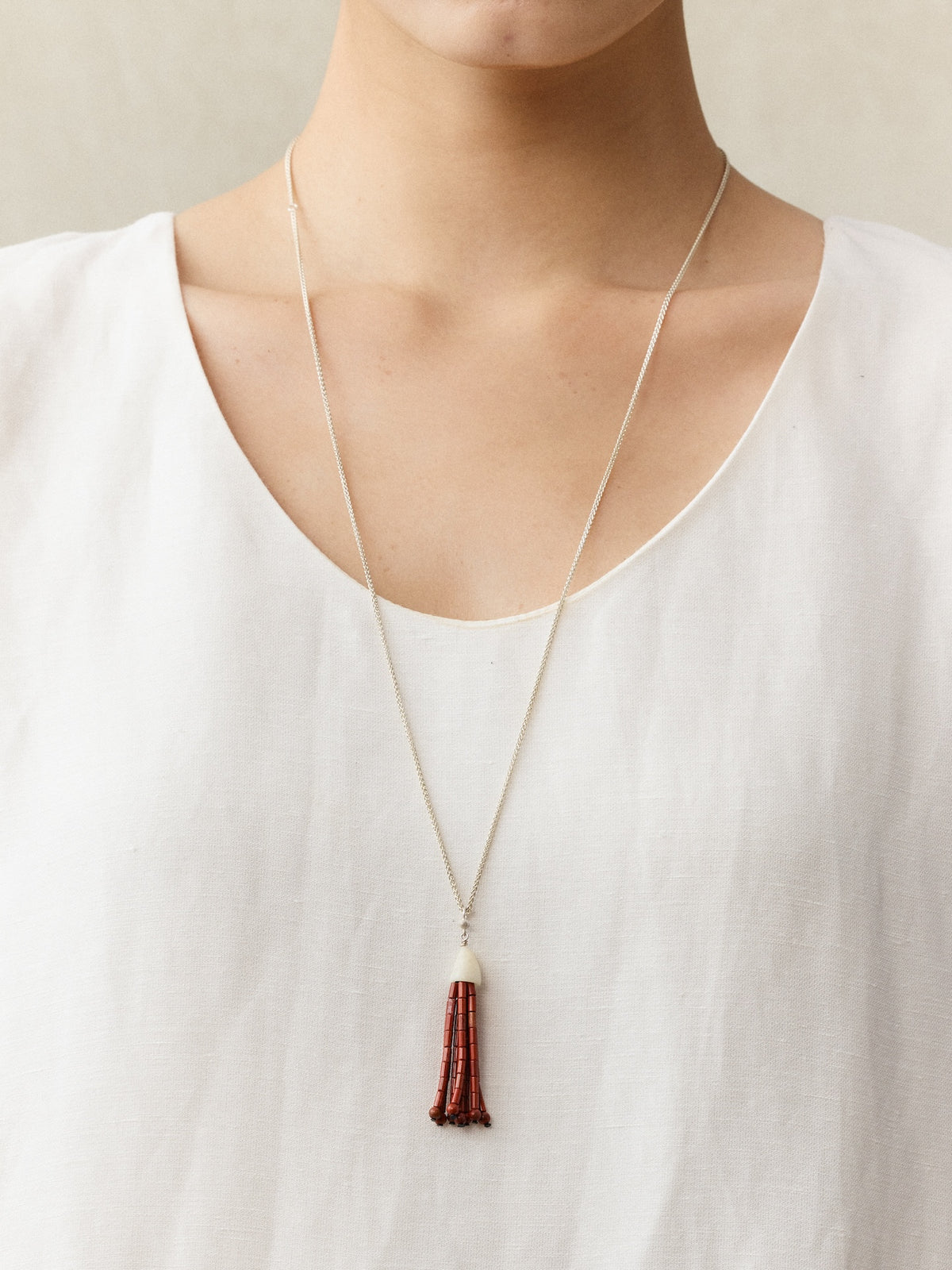 Horn Tassel Sterling Silver Red Stone Tassel Pendant Necklace