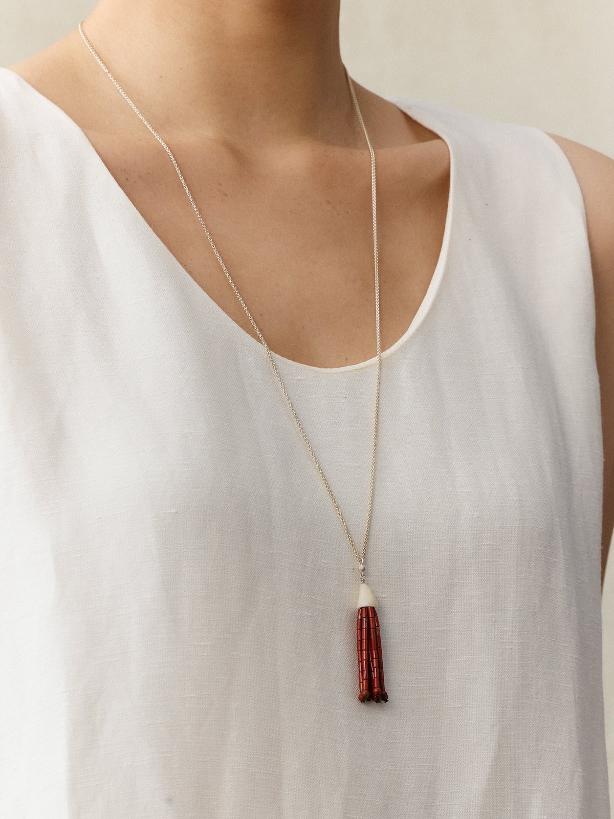 Horn Tassel Sterling Silver Red Stone Tassel Pendant Necklace