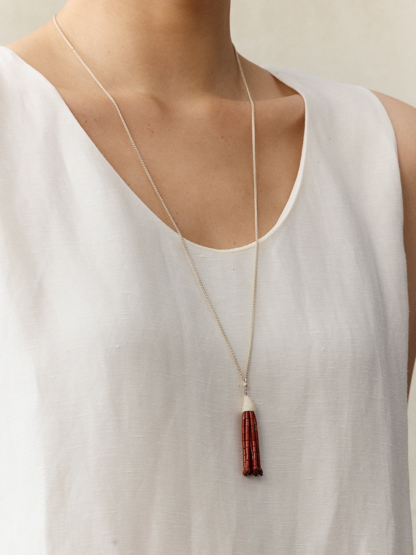 Horn Tassel Sterling Silver Red Stone Tassel Pendant Necklace