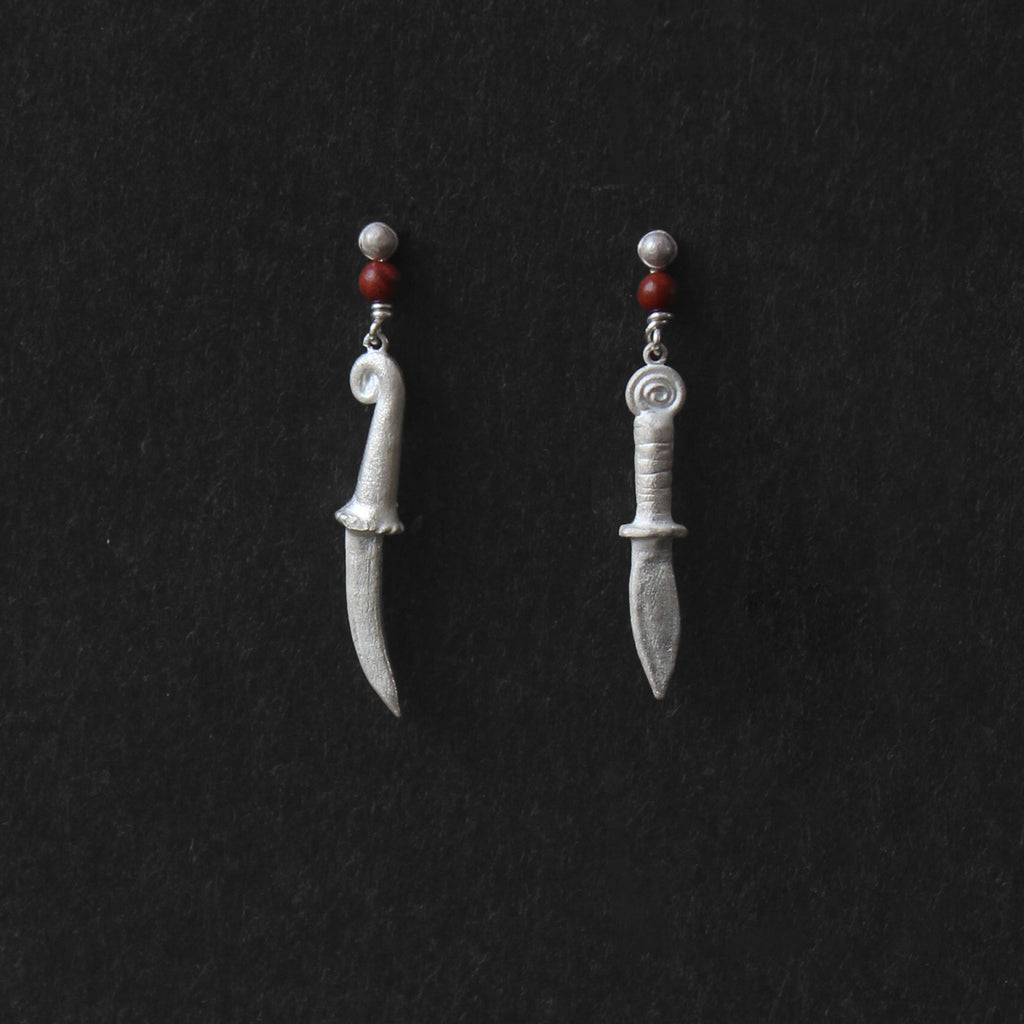 Hooked Moon Asymmetrical Sterling Silver Red Stone Drop Earrings