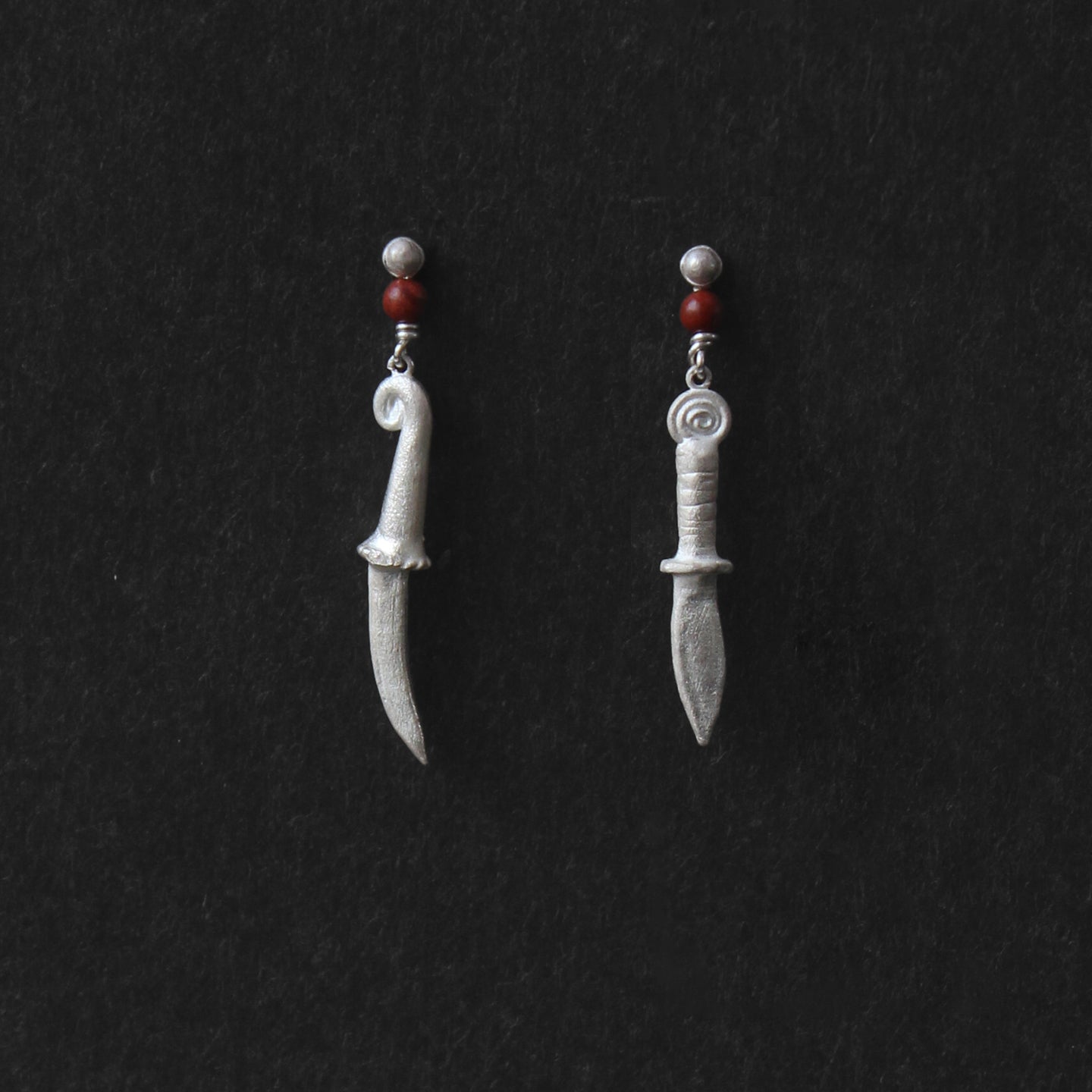 Hooked Moon Asymmetrical Sterling Silver Red Stone Drop Earrings
