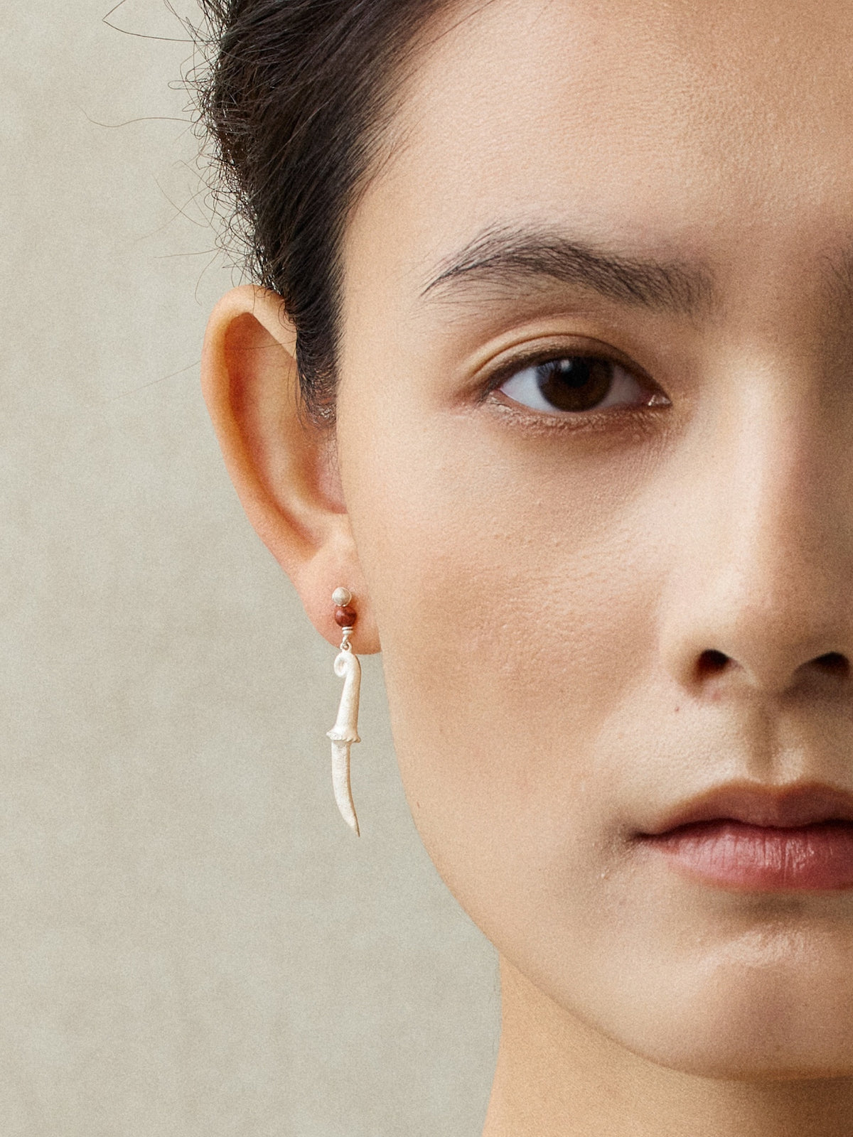 Hooked Moon Asymmetrical Sterling Silver Red Stone Drop Earrings