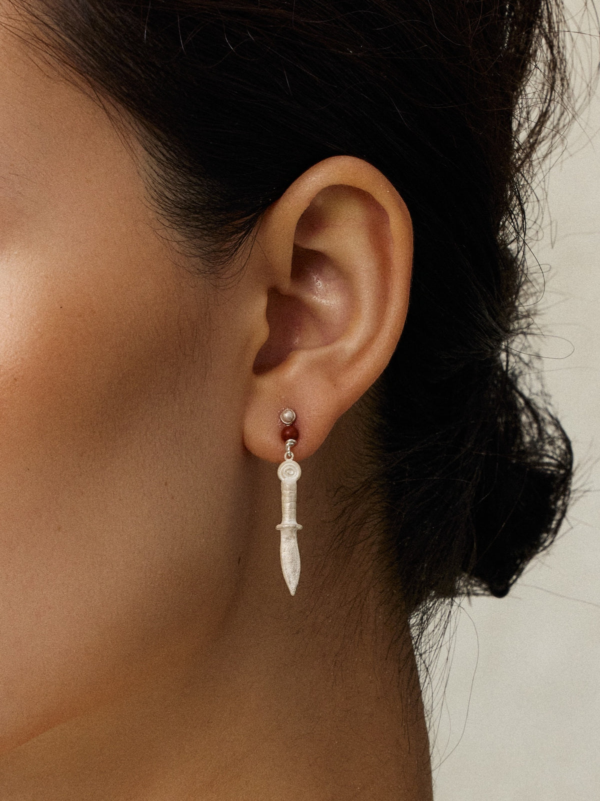 Hooked Moon Asymmetrical Sterling Silver Red Stone Drop Earrings