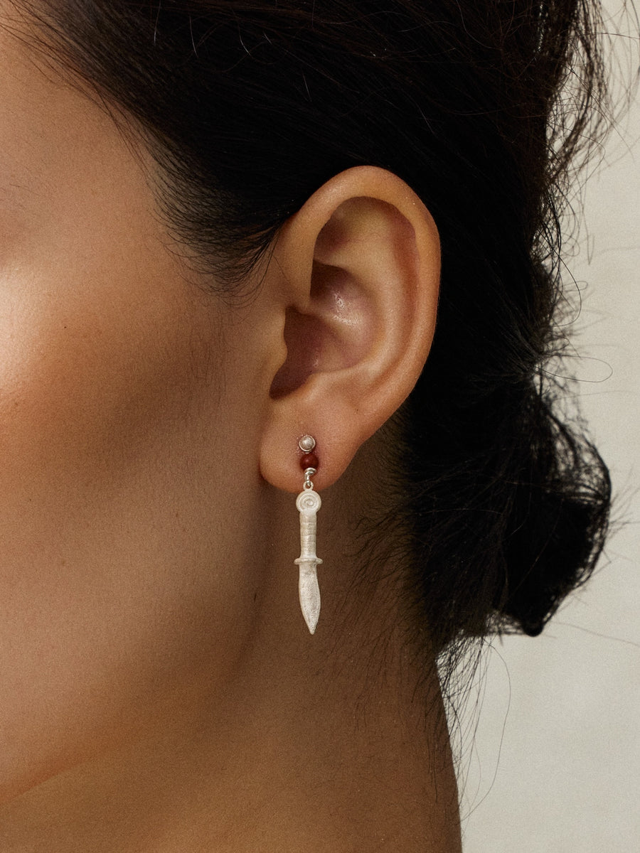 Hooked Moon Asymmetrical Sterling Silver Red Stone Drop Earrings