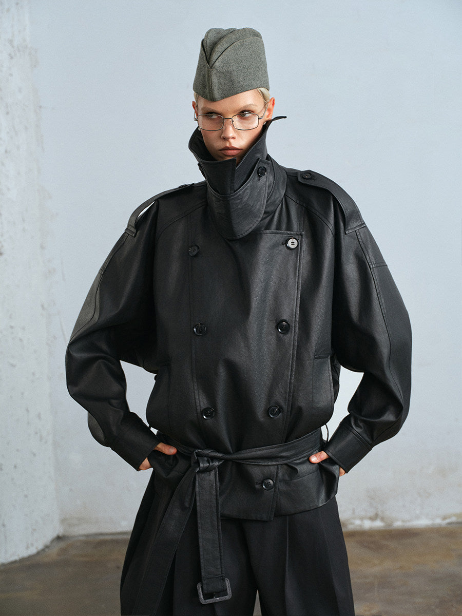Waxed double-breasted cropped trench jacket