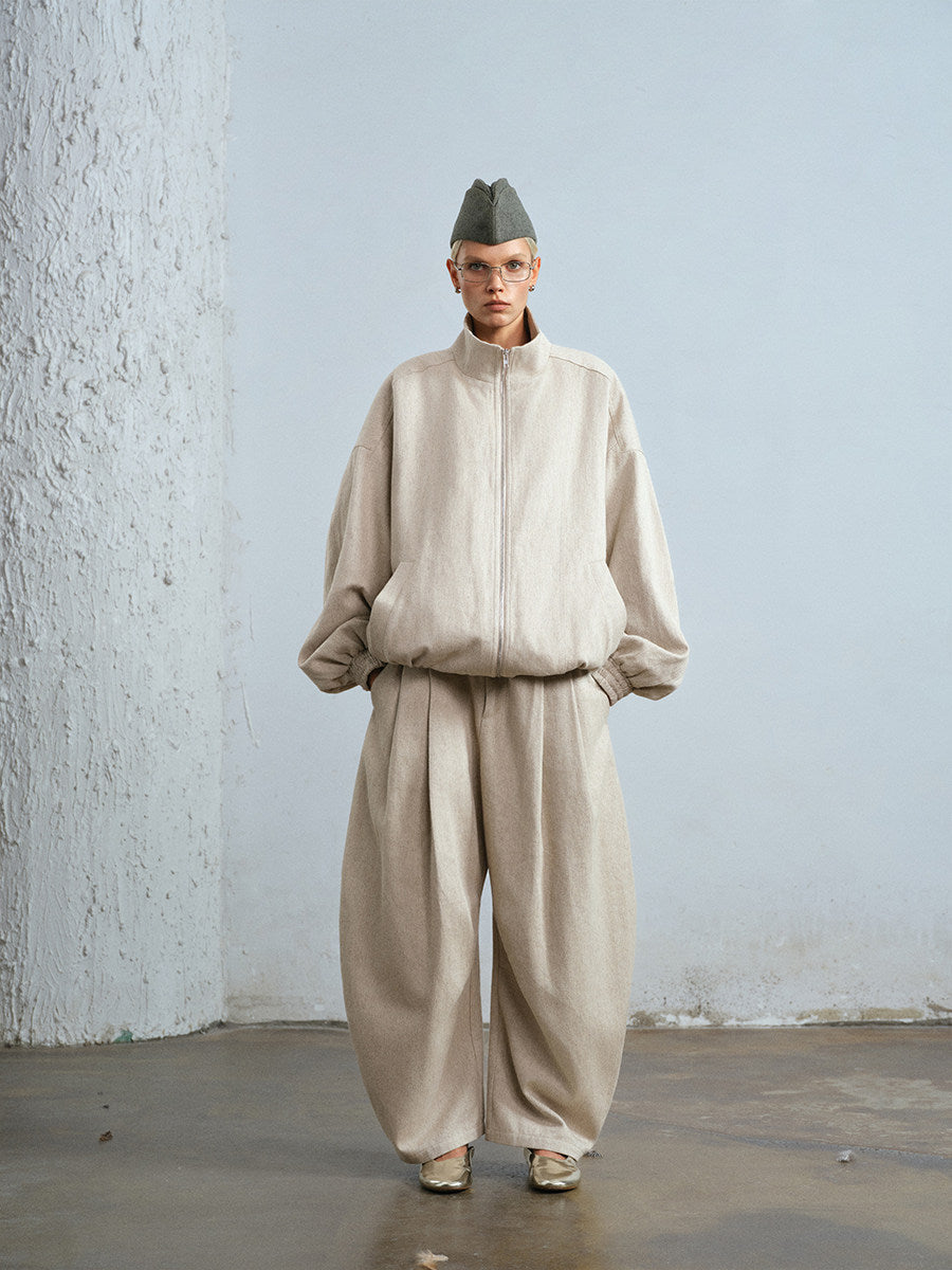 Stand-collar zip-up padded hemp jacket