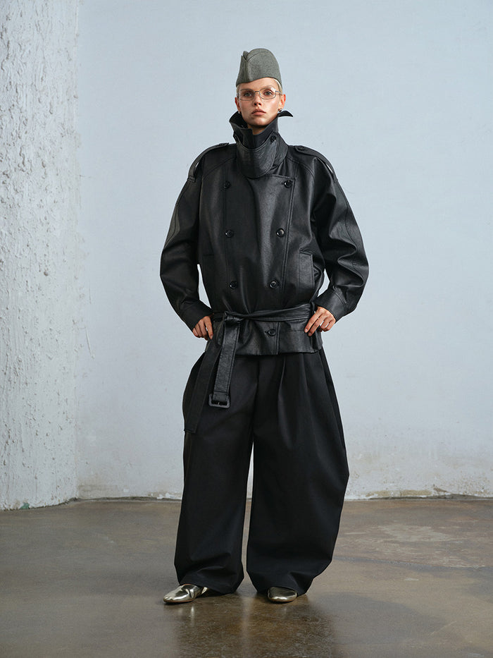 Waxed double-breasted cropped trench jacket