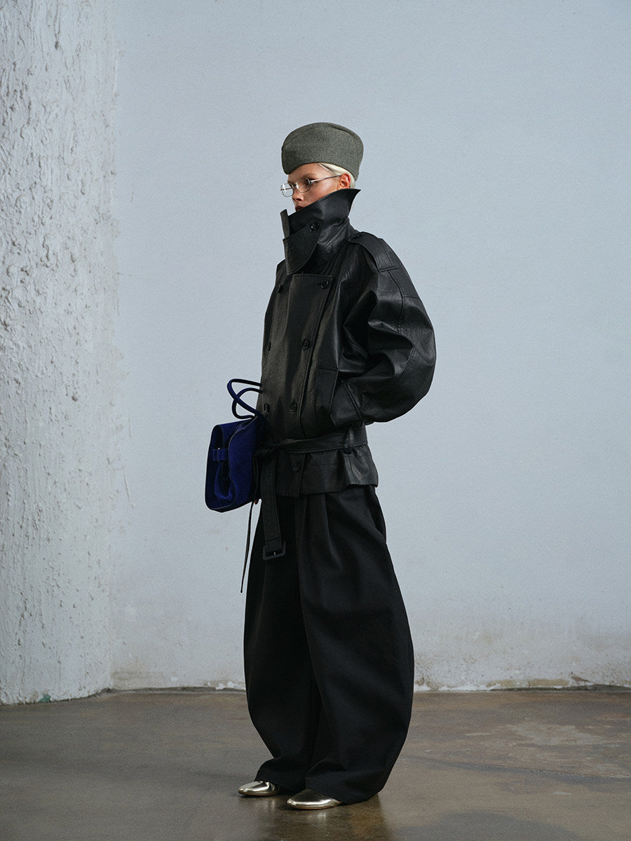 Waxed double-breasted cropped trench jacket
