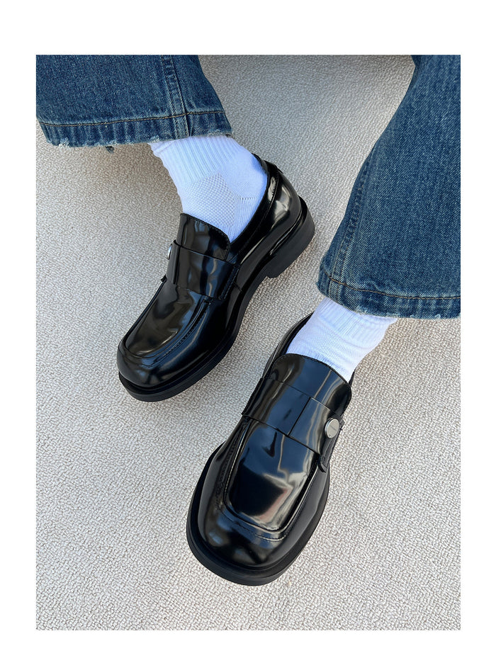 Metal Button Leather Loafers