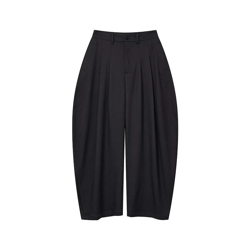 Pleated curved wide-leg trousers