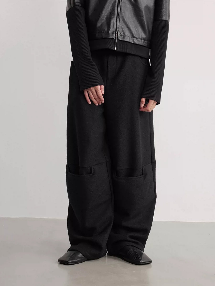 Double knee patch wool wide-leg trousers